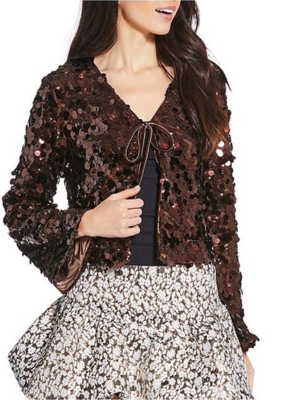 Skies Are Blue Brown Sequin Tie-Front Jacket